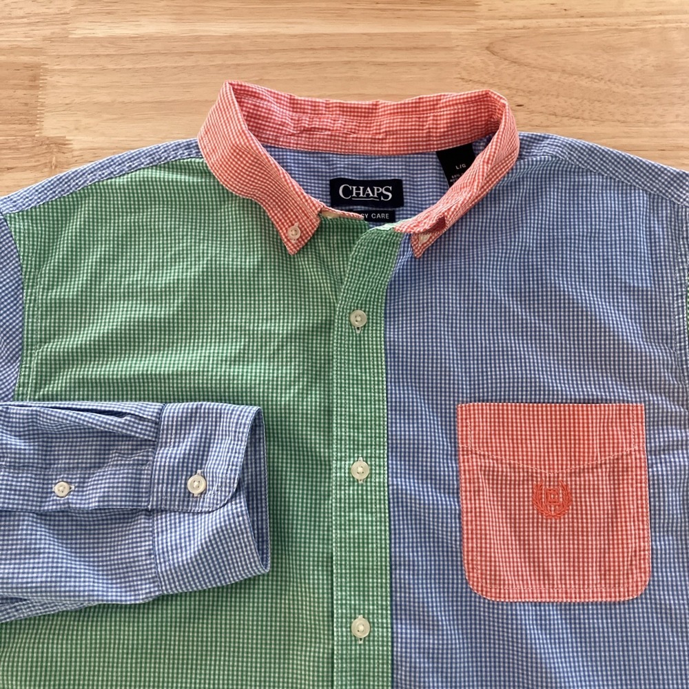 Chaps Men's Size L Colorblock Long Sleeve Shirt Green‎ Blue Orange Gingham Check